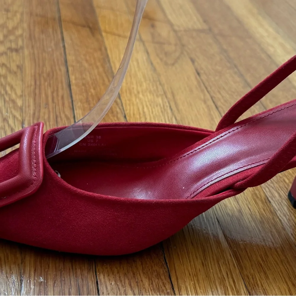 H&M Red Slingback Heels with Buckle, size 7 classic retro boho pointy toe office - Picture 5 of 11
